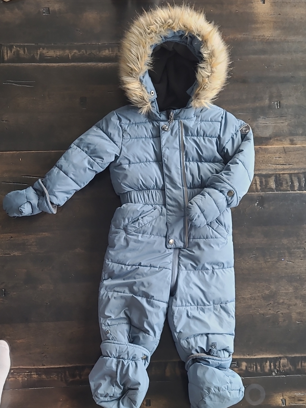 24m Deux Par Deux Steel Blue Kids Puffer Snow Suit with Faux Fur Hood